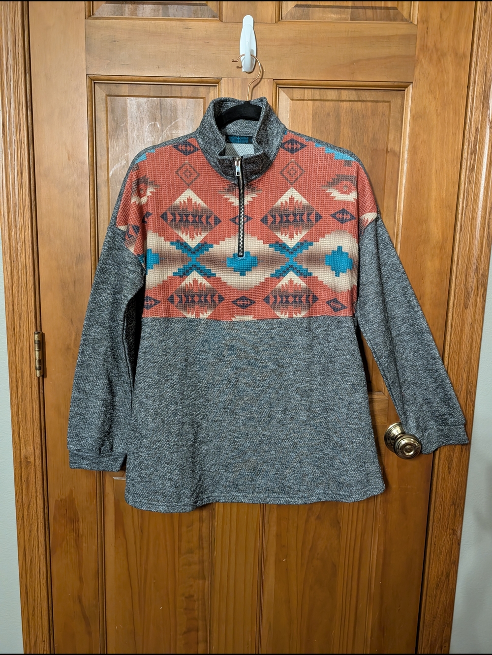 Women's Quarter-Zip Sweater Pullover - Gray with Rust & Teal Aztec
